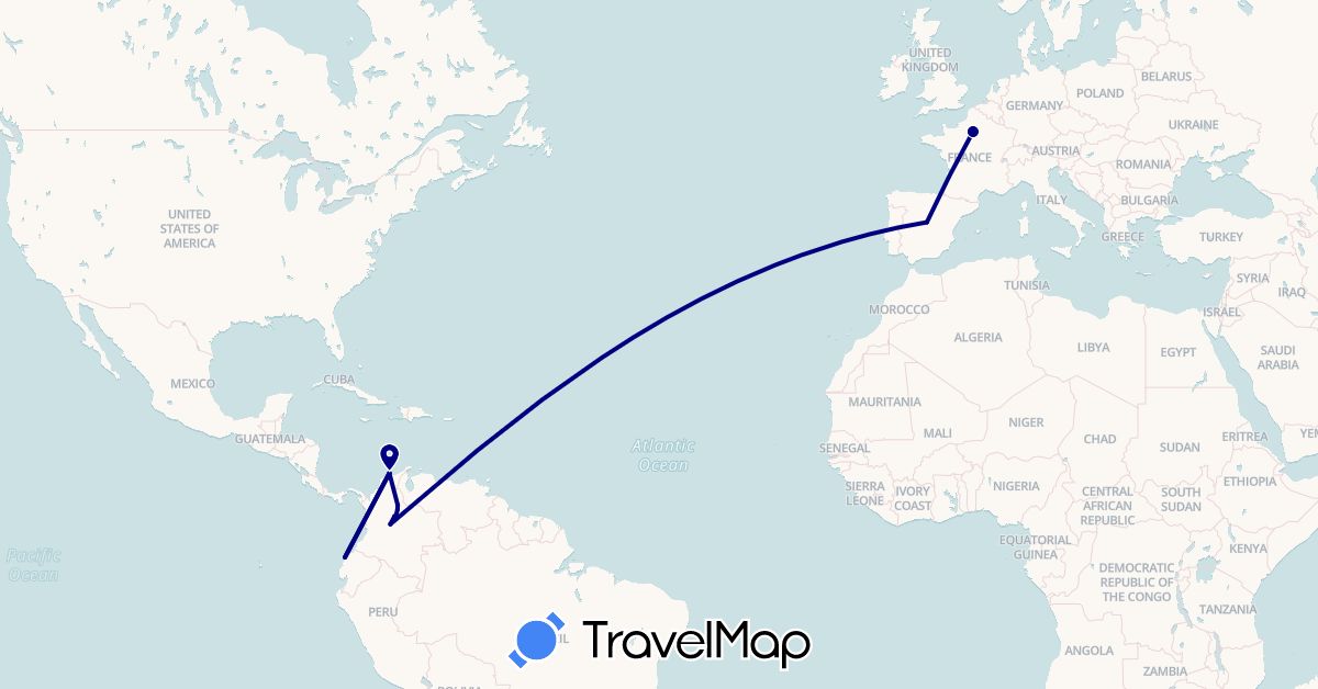 TravelMap itinerary: driving in Colombia, Ecuador, Spain, France (Europe, South America)